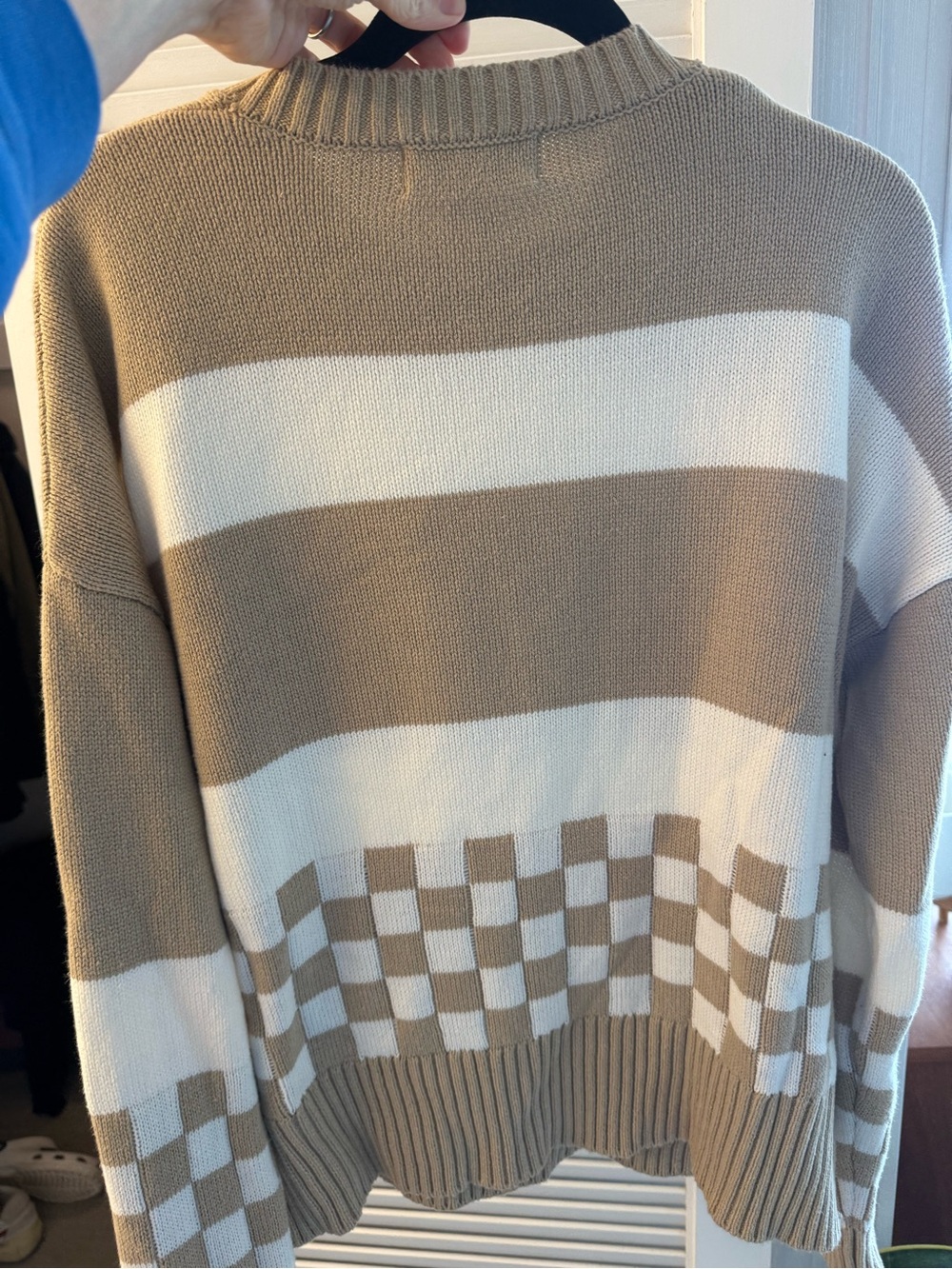 Beach Riot Tan & White Checkerboard Stripe Sweater Callie Sweater Taupe Check - Picture 4 of 5